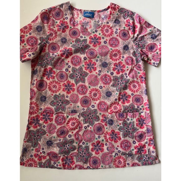 Élan By Barco Pink Multicolored Scrub Top with Front Pockets Small - Picture 7 of 7